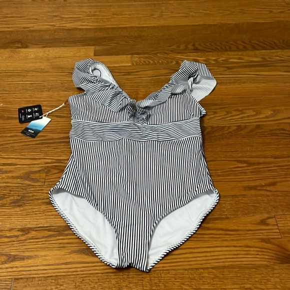 NWT Aava Women’s Blue Striped Bathing Suit Size Large - Picture 1 of 4